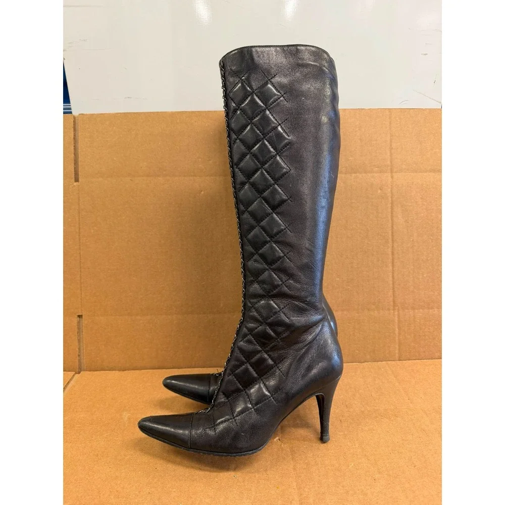 Chanel Quilted Leather Chain Pointed Toe Knee-high Boots Black Womens Size 36 EU